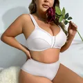 Comfortable white plus size wire-free bra set with front closure and high waist panties - 0XL / Top And Bottom / White