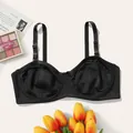 Close-up view of a black plus size unlined demi bra featuring supportive underwire - 85C / Tops / Black