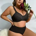 Elegant black plus size wire-free bra set with front closure and high waist panty - 0XL / Top And Bottom / Black
