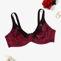 Elegant sexy plus size red floral lace bra with thin underwire support and black straps - 85C / Tops / Dark Red
