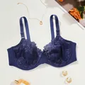 Detailed view of the elegant blue floral lace pattern on a full-coverage underwire bra. - 42/95D / Tops / Blue