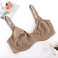 Close-up detail of a brown full-cup bra with delicate floral prints and bow accent - 46E/105E / Tops / Khaki