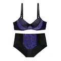 Detailed view of sexy purple and black lace lingerie set with underwire bra and panties - Bra 38/85D Panty 0XL / Top And Bottom / Purple Black Patchwork