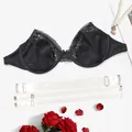 Elegante sujetador de encaje negro con aros y tres tirantes transparentes ajustables - 100C / Tops / Negro