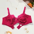 Elegant fuchsia lace full cup bra featuring underwire support and double row back hook - Red