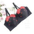 Eleganter schwarzer Push-up-BH mit lebhafter roter Blumenstickerei und feinen Spitzenakzenten - 40C/90C / Oberteile / Schwarz
