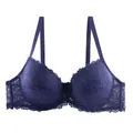 Elegant dark purple plus size push-up lace bra with floral patterns and center bow - Blue