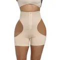 High waist hip lifter tummy control shapewear with front hook closure and lace trim - S / Bottoms / Nude