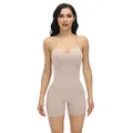 Nude beige seamless shapewear bodysuit for women, featuring adjustable thin straps - S / Top And Bottom / Apricot