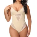 Elegant beige lace deep V-neck shapewear bodysuit designed for tummy control and body sculpting - Top And Bottom (2367-New) / S / Nude