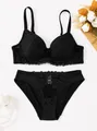 Elegant black lace lingerie set featuring a push-up bra and matching panties for women - 70B / Top And Bottom / Black