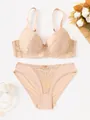 Elegant nude lace lingerie set with push-up bra and matching bikini panties for women - 70B / Top And Bottom / Nude