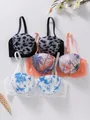 Details van driedelige kanten bh-set met luipaard-, tropische en blauwe prints - 70B / Tops / Zwart (Luipaardprint)