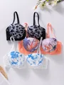 Details of three-piece lace bra set featuring leopard, tropical, and blue cloud prints - 70B / Tops / Black (Leopard Print)