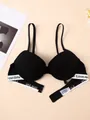 Seamless black push-up bra featuring a white elastic band with 'Love' letter print - 70B / Tops / Black