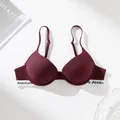 Burgundy push-up bra for women featuring a white elastic band with 'Attitude' letter print - Red Brown