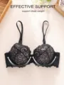 Detailed view of elegant black floral lace push-up bra for effective support - 70A / Tops / Black