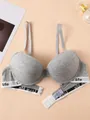 Gray push-up bra featuring a black and white letter print elastic band for a sporty look - 70B / Tops / Gray