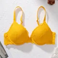 Lace push-up bra in vibrant yellow with floral patterns and adjustable straps. - Yellow
