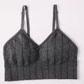 Close-up detail of a gray seamless ribbed knit V-neck camisole with adjustable straps - S / Tops / Heather Grey