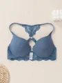 Detail view of blue ribbed lace bra with sexy racerback and front closure design - Sapphire Blue