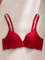 Elegant red push-up bra featuring vertical stripes and delicate floral lace trim - Red