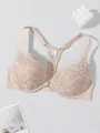 Elegant beige lace bra featuring a front closure and stylish racerback design for women - 70C / Tops / Apricot