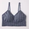 Seamless blue-gray marl knitted V-neck yoga bra featuring a ribbed vertical pattern - S / Tops / Blue