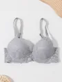 Elegant grey lace underwired push-up bra featuring delicate floral embroidery details. - Gray