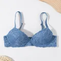 Elegant blue lace push-up bra with underwire support for a flattering silhouette. - Blue