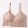 Seamless V-neck knitted camisole in nude beige with ribbed texture and adjustable straps. - S / Tops / Nude