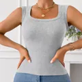 Classic grey ribbed square neck tank top for women with wide straps and slim fit - XL / Tops / Gray