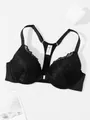 Elegant black lace front-closure racerback bra with 75B size tag and soft underwire - Black