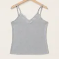 Elegant grey V-neck camisole with delicate lace trim for women slim fit knit tank top - XS / Tops / Gray