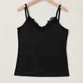 Elegant black V-neck camisole with delicate lace trim for a feminine slim-fit silhouette - XS / Tops / Black