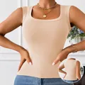 Women's sleeveless square neck ribbed tank top in beige for a comfortable slim fit - XL / Tops / Nude