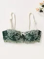 Elegant dark green lace bra featuring delicate white floral patterns and a cute bow detail - 70C / Tops / Beige