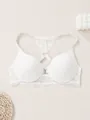 Elegant white striped push-up bra featuring front closure and floral lace racerback. - 70B / Tops / White