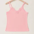 Feminine slim fit pink camisole for women featuring a delicate lace V-neck trim design - Pink