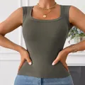 Olive green square neck tank top for women, wide straps and soft ribbed knit fabric - Grey Green
