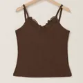Brown V-neck camisole tank top with elegant lace trim detail - Brown
