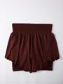 Brown fake two-piece yoga skirt shorts with high ribbed waist and ruffle hem details - S / Bottoms / Coffee
