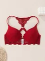 Sexy red striped push-up bra featuring front closure and elegant lace racerback design - Red