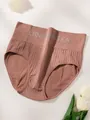 High-waist ribbed cotton panties in dusty rose color with supportive elastic waistband - S / Bottoms / Brick Red