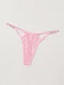 Close-up detail of pink floral lace thong with elegant hollow-out design and straps - XS / Pink