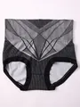 High-waisted seamless tummy control panties featuring a stylish grey geometric knit pattern - Black