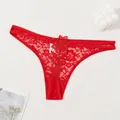 Sensual red floral lace thong featuring intricate water-soluble embroidery and low-rise design - XS / Red