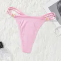 Close-up of pink ribbed thong with double straps and gold X-shaped hardware - S / Light Pink