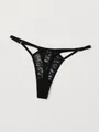 Premium sexy black lace G-string thong with delicate hollow-out straps and metal ring details - XS / Black