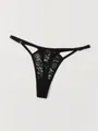 Premium sexy black lace G-string thong with delicate hollow-out straps and metal ring details - XS / Black